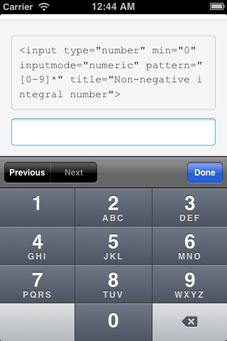 A screenshot of iOS' Safari browser displaying a full numeric keypad over a number input.