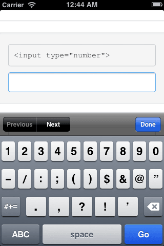 A screenshot of iOS' Safari browser displaying it's standard keyboard in the numbers/symbols state over a number input.